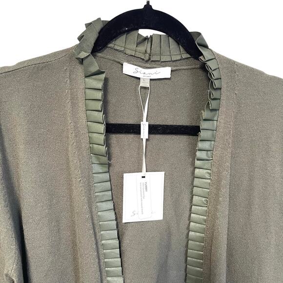 Sioni Milano Women's Olive Green Open Front Cardigan Sweater with Ruffle Trim L - Picture 3 of 6
